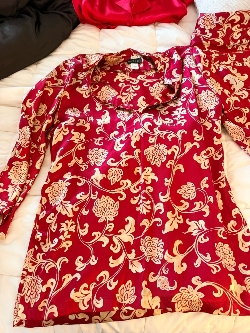 Natori Red and Cream Floral Satin Pajama set